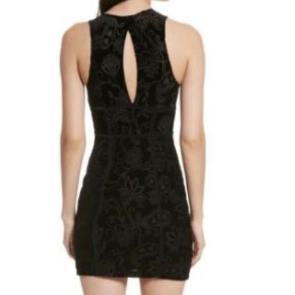 Free People Black Velvet Floral Sleeveless Bodycon Mini Dress Keyhole Back M - Picture 2 of 13